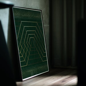 May include: A framed print with a geometric design in gold and green. The design features a series of overlapping squares and triangles.