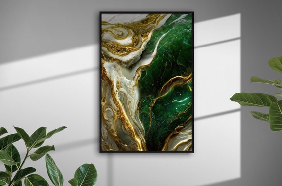 Emerald Green Swirl, Gold and Green Digital Art Print, Modern