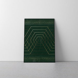 May include: Abstract geometric art print with a dark green background and gold lines forming a pattern of hexagons and triangles.