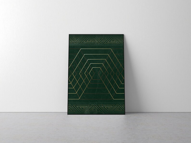 May include: Abstract geometric art print with a dark green background and gold lines forming a pattern of hexagons and triangles.