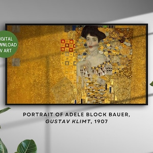May include: A painting of a woman in a gold dress with a gold background. The woman is wearing a necklace and has her hair pulled back. The painting is titled "Portrait of Adele Bloch-Bauer" by Gustav Klimt, 1907.