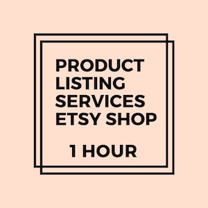 Op de afbeelding: Zwarte en witte tekst op een roze achtergrond in een dubbel omlijnd zwart vierkant frame. De tekst luidt "Product Listing Services Etsy Shop 1 Hour".