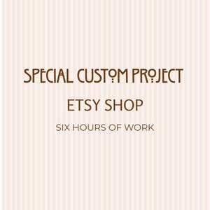 May include: A digital graphic featuring a light pink background with vertical white stripes. The text reads SPECIAL CUSTOM PROJECT in a brown stylized font, followed by ETSY SHOP and SIX HOURS OF WORK in a simple brown sans-serif typeface.