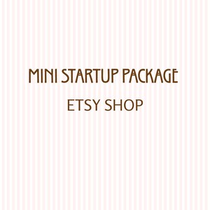 May include: A graphic design featuring the dark brown text MINI STARTUP PACKAGE ETSY SHOP centered on a light pink and white vertical striped background. The lettering is in a clean, sans-serif font, clearly displayed against the striped pattern.