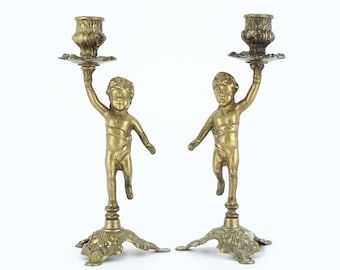 Pair of Vintage Brass Cherub Candlestick Holders - Beautiful Mid Century Brass Home Decor - Gift for Her - Gift for Him