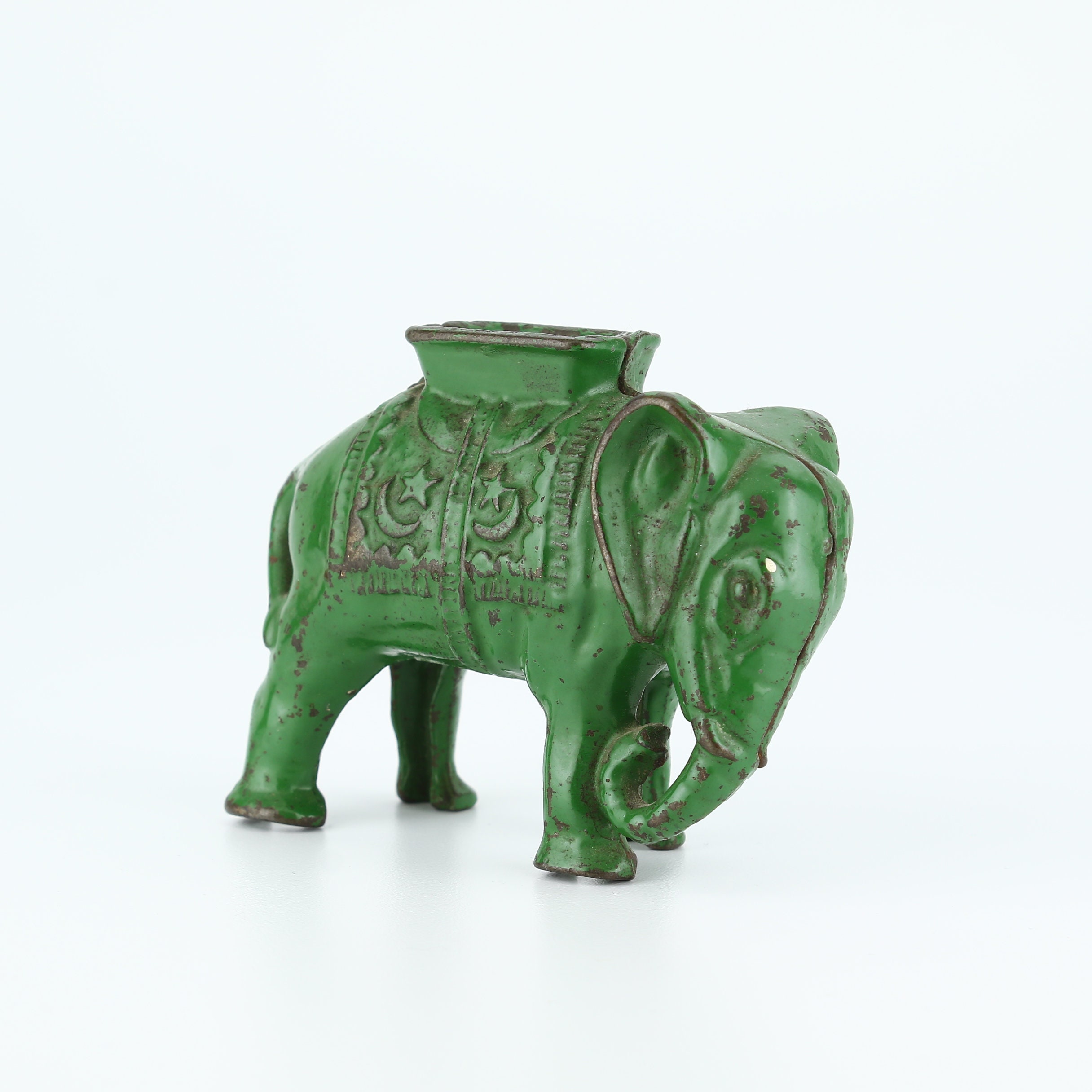 Vintage Elephant Coin Bank - Green Metal Elephant Shaped Piggy Bank - Childrens Room Decor