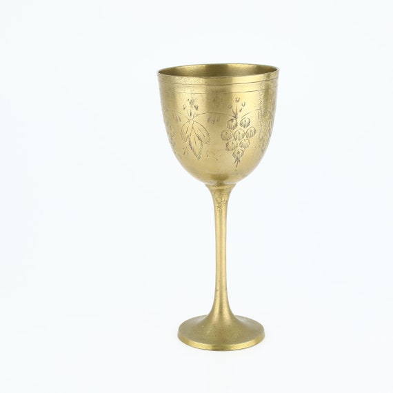 Vintage Brass Wine Goblet With Engraved Grape and Floral Design 2