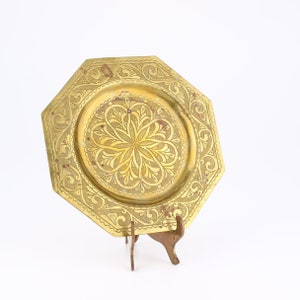 Vintage Octagonal Etched Brass Tray - Decorative Ornate Floral Design Wall Plate