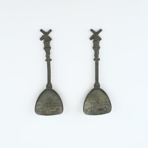 Antique Dutch Pewter Spoons Holland Windmill Handle - Decorative Collectible Diorama Spoon 4 7/8&quot;