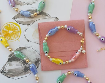 Pescador bracelet, Ceramic Fish Charm Bracelet: Gold Plated Beads, Freshwater Pearls