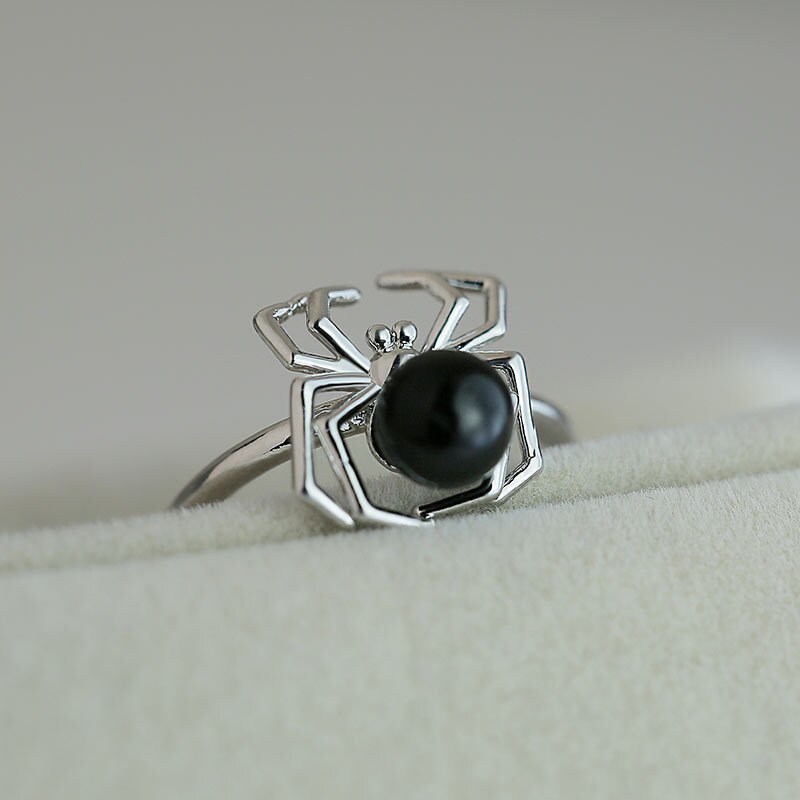 Spinnen-Ring Schmuck silber mit schwarzen Steinen 
