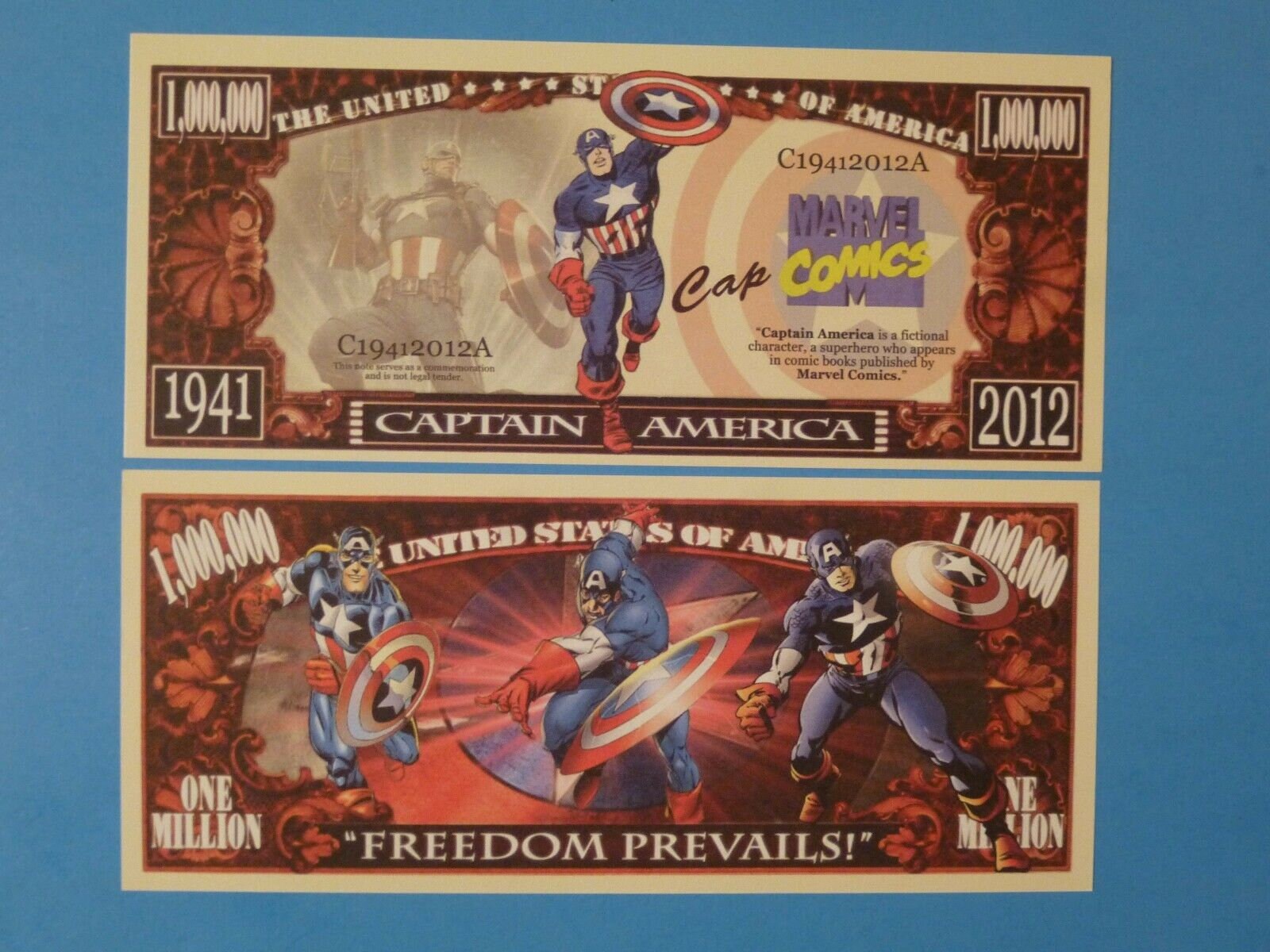 Captain America Freedom Prevails Million Dollar Bills x 2 Comic Book Super Hero 