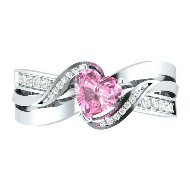 Women/'s Ring with White Lab Sapphires and Pink Heart Lab Sapphires Size 10