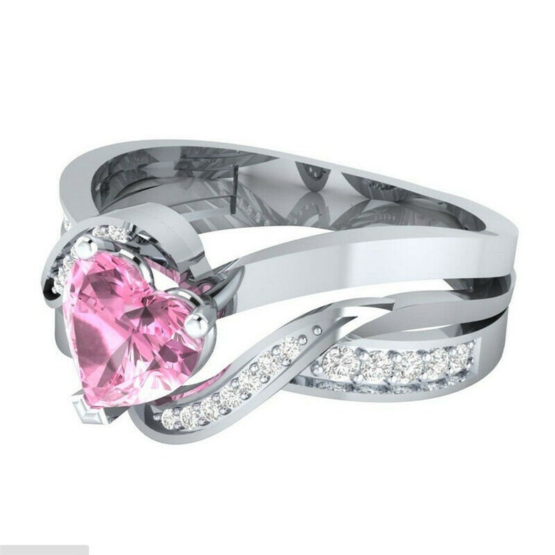 Women/'s Ring with White Lab Sapphires and Pink Heart Lab Sapphires Size 10
