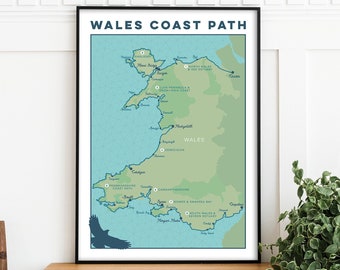 Wales Coast Path Art Print: Trail Map Wall Art. Hiking Trail Wales Map, Wales Print, Welsh Map Print, Cymru Map Gift for Hikers, A4, A3, A2