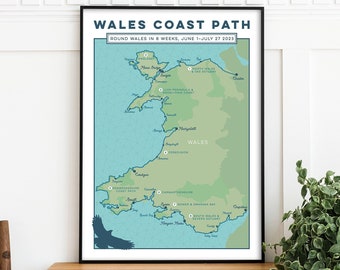 Personalised Wales Coast Path Wall Art: Personalised map art print of Wales hiking trail. Custom Wales Art, Gift for Hikers, A4, A3, A2