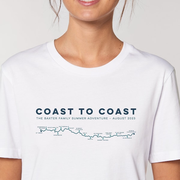PERSONALISED Coast to Coast T-Shirt – Custom Coast to Coast Walk Trail Hiking T-Shirt, Hiking Gift Unisex T-Shirt sizes XXS-XXL in 8 colours