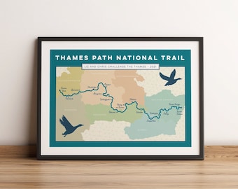 Personalised Gift for Walkers: River Thames Map Print, Thames Path Personalised Art, Custom Map Art, River Print, Gift for Hikers. A4 A3 A2