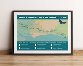 South Downs Way Map Art Print with Checklist: South Downs Wall Art, Tick List Trail Map Print. Map Art. Gift for Hikers, Cyclists, A4 A3 A2