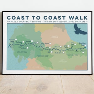 May include: A Coast to Coast Walk map with a green, blue, and beige colour scheme. The map shows the route of the 190-mile walk across two counties, with 14 sections marked. The map includes the names of the sections, towns, and national parks.
