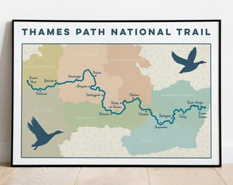 River Thames Wall Art Print, Thames Path National Trail Map, River Thames Map, Gifts for Walkers or Hikers, River Print in A5, A4, A3 or A2