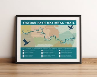 Thames Path Map with Checklist: River Thames Wall Art Print, Thames River Map Print with Tick-list. Thames Map Art Gift for Hikers, A4 A3 A2