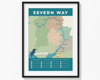 River Severn Art Print and Severn Way Map with tick list. Severn Map Wall Art, Walking Trail Map Print – Hiking Gift for Walkers. A4 A3 A2