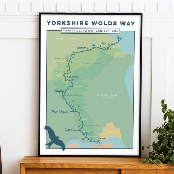 Personalised Yorkshire Wolds Way Art Print: Yorkshire Wolds Personalised Trail Map Print. Custom Map Art, Wall Art, Hiking Gift, A4, A3, A2