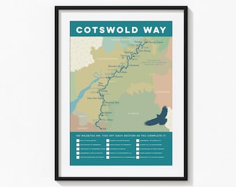 Hiking Gift for Walkers! Cotswold Way Map Print: tick it off as you walk the trail. Cotswolds Art Print, Hiking Trail Wall Art, A4, A3, A2