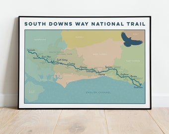 South Downs Way: South Downs Print with Trail Map. Wall Art, Map Art Print. Illustrated Map Gift for Walkers, Walking, Cycling. A4 A3 A2