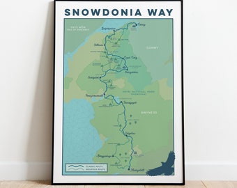 Snowdonia Way Art Print: Hiking Trail Map Art. North Wales Map, Wales Map, Snowdon Map Print, Eryri Print Gift for Hikers in A4, A3 or A2