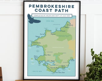 Personalised Pembrokeshire Coast Path Wall Art Print: Personalised Art with hiking trail map. Custom Map Art, Wales Map Print, A4, A3, A2