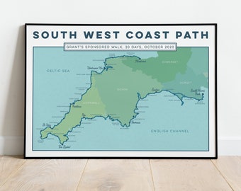 South West Coast Path Personalised Art Print: Custom Gift for Hikers or Walkers. Trail Map, Map Print, Map Art, Coastal Wall Art, A4, A3, A2