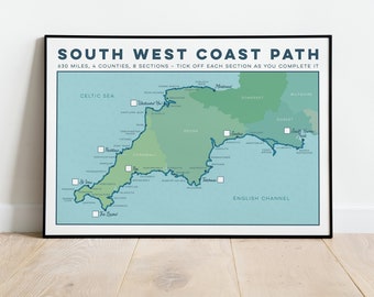 South West Coast Path Art Print: Tick List Trail Map Art. South West Coast Path Map Print, Map Gift for Hikers or Walkers in A4, A3, A2