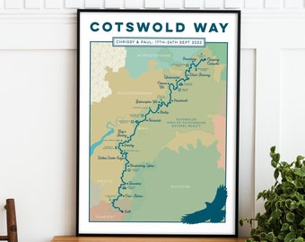 Cotswold Way Personalised Art Print: Cotswold Personalised Trail Map Print. Cotswolds Custom Map Art, Wall Art, Walking Gift, A4, A3, A2