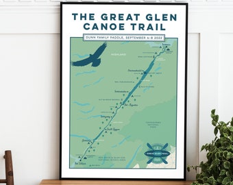 Personalised Great Glen Canoe Trail Map Wall Art. Custom Great Glen Art Print, Scotland Map Canoeing, Kayak or Paddleboard Sup Gift A4 A3 A2