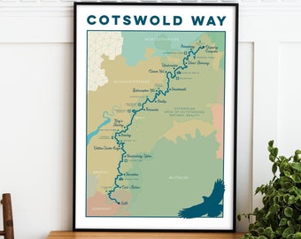 Cotswold Way Map Art Print. Cotswold Trail Map Print, Cotswolds Wall Art, Map Gift for Walkers, Hiking Gift in A4, A3, A2 National Trail