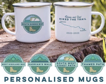 Personalised Camping Mug Hiker Gift, Enamel Mug choose from 18 Hiking Trails. Personalised Hiking Mug, Custom Gift for Campers, Walking Gift