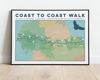 Coast to Coast Walk Art Print: Tick List Trail Map Art. Wainwright's Coast to Coast Map Print, Map Gift for Hikers or Walkers A4, A3, A2
