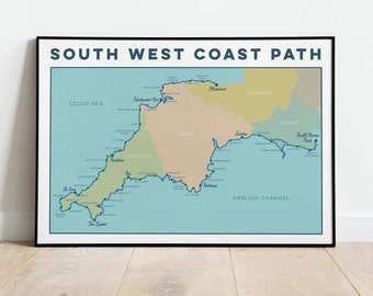 South West Coast Path Art Print: Trail Map Wall Art with national trail. Map Art, Map Print, Map Gift for Walkers or Hikers, A4, A3, A2