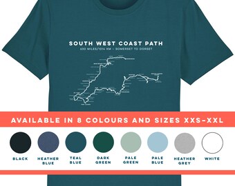 South West Coast Path T-Shirt – SWCP Hiking Trail T-Shirt, Gift for Hikers, Walking Gift, 8 Colours, Unisex T-shirt in sizes XXS to XXL