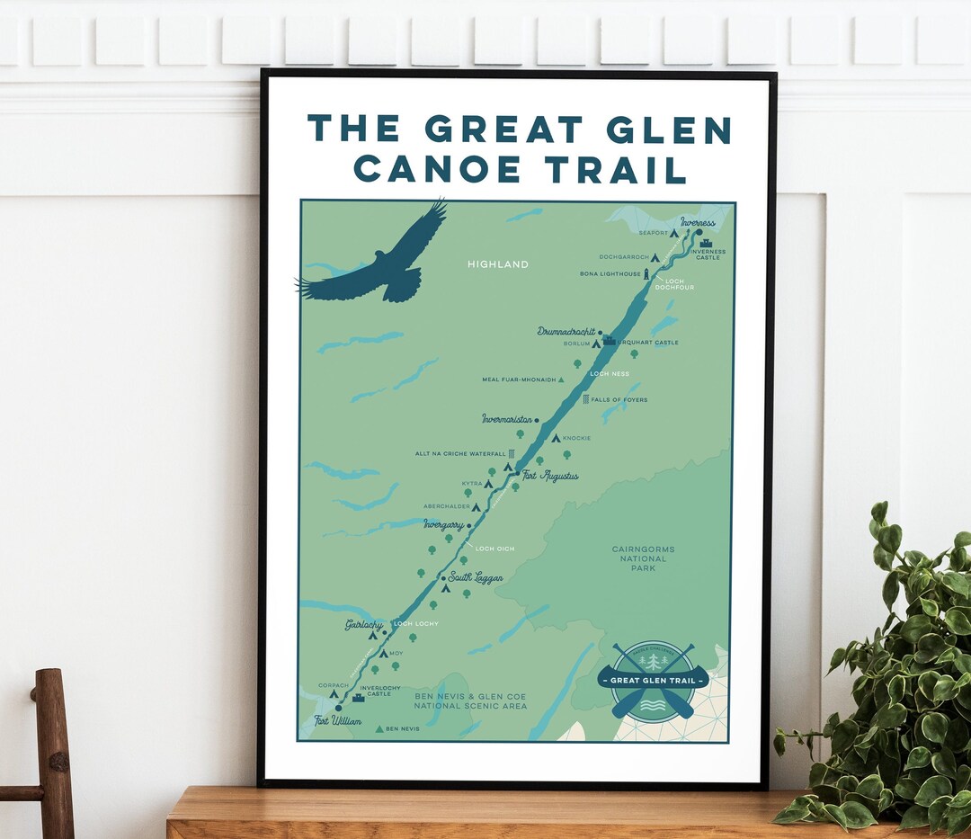 Great Glen Canoe Trail Map Art Print. Great Glen Wall Art, Scotland
