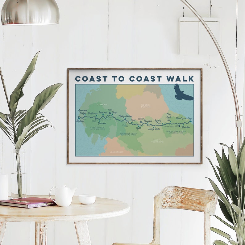 Wainwright's Coast to Coast Walk Art Print: Coast to Coast Map Print, Illustrated Map Art, Wall Art Map Gift, Hiking Gift, A4 A3 A2 image 2