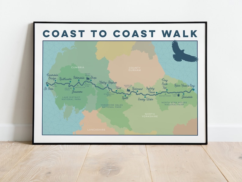 Wainwright's Coast to Coast Walk Art Print: Coast to Coast Map Print, Illustrated Map Art, Wall Art Map Gift, Hiking Gift, A4 A3 A2 image 1