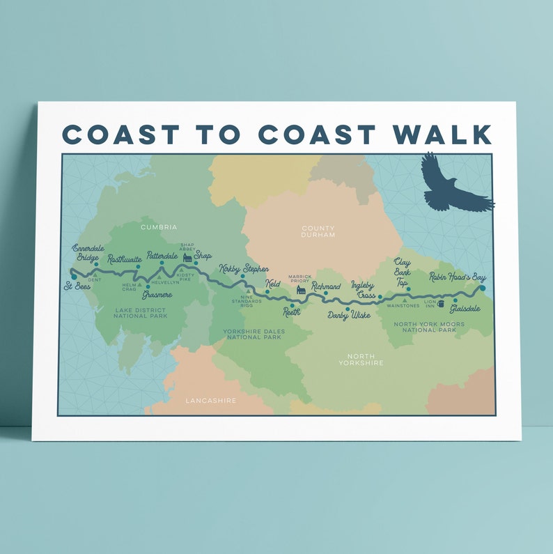 Wainwright's Coast to Coast Walk Art Print: Coast to Coast Map Print, Illustrated Map Art, Wall Art Map Gift, Hiking Gift, A4 A3 A2 image 3