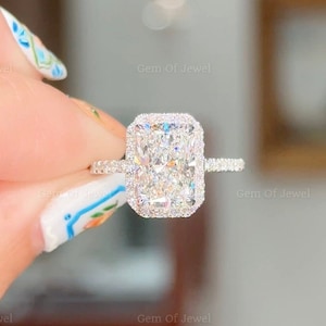3CT Radiant Moissanite Diamond With Halo Of Round Moissanite Diamond And Diamonds Prong Solid Gold Ring, 3CT Radiant Moissanite Diamond Ring