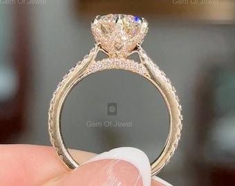 2CT Round Diamond Moissanite Engagement Ring With Petal Prong Of Moissanite Diamonds Ring With Pave Eternity And Diamonds On The Bridge Ring
