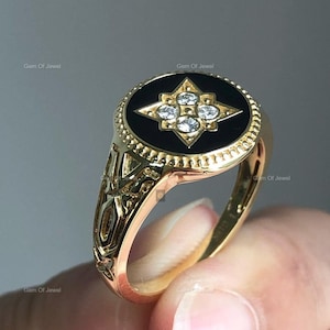 Black Signet Ring, Black Signet Statement Ring, Signet Ring With Moissanite Diamond, Men&#39;s Signet Ring, Black Signet Statement Ring For Him