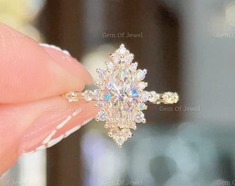 Marquise Diamant Moissanite Vintage Ring mit Heiligenschein des runden Moissanite Diamanten und Bubble Design Band, Marquise Moissanite Vintage Halo Ring