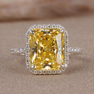 14K Gold Engagement Ring, Radiant Diamond Yellow Sapphire & Moissanite Halo Pave Eternity Band, Radiant Diamond Perfect Gift for Her